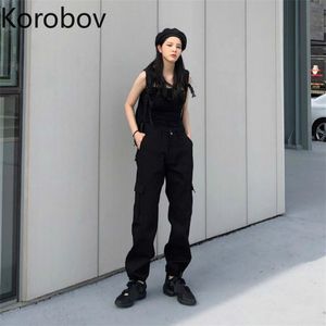 Pantalon de cargaison solide Korobov coréen Summer New Chic Streetwear Femmes Pantalons Harajuku Poches Joggers 210430