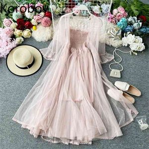 Korobov Mesh Women Dress Korean Chic Flare Sleeve Summer Vestidos Mujer De Fashion Party Night A-Line Sweet Dresses 210430