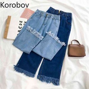 Korobov Nieuwe Collectie Losse Casual Dames Broek Zomer Chique Wide Been Broek Harajuku Solid Female Tassel Jeans 210430