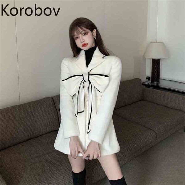 Korobov nouveau Chic Vintage élégant laçage nœud femmes manteaux coréen doux Slim Hit couleur femme vestes a-ligne OL manteau 210430