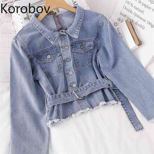 Korobov, nueva moda, chaquetas de mujer con cuello vuelto, ropa de calle coreana, fajas de manga larga, abrigos vaqueros con botones, bolsillos, Top 210430