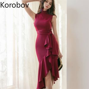 Korobov Nieuwe Koreaanse elegante vrouwen jurk vintage stand kraag mouwen lijpen boog jurken solide ruches trompet vestidos 210430