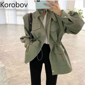 Korobov Nouveau coréen solide femmes vestes streetwear à manches longues col rabattu manteaux féminins mince taille haute cordon de serrage 210430