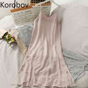 Korobov nouveau printemps été mince Spaghetti sangle femmes robe Reppy Style fleur imprimer robes en mousseline de soie doux Chic Vestidos 210430