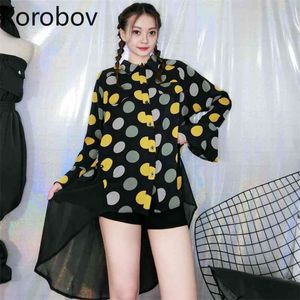 Korobov Nouveaux chemisiers en mousseline de soie d'été Vintage Polka Dot Chemises à manches longues Coréen Irrégulière Oversize Streetwear Blusas Mujer 210430