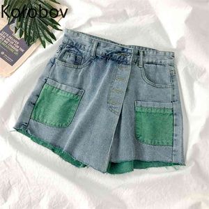 Korobov Nieuwe Zomer Streetwear Vrouwen Shorts Koreaanse Bf Stijl Knop Hit Kleur Patchwork Harajuku Zakken Ropa Mujer 210430