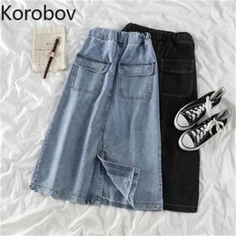 Korobov nouveau Vintage femmes jupes coréen Preppy Style poches Denim Faldas Mujer Streetwear taille haute femme jupe 210430