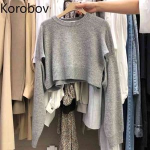 Korobov O Cou Pull À Manches Longues Femmes Couleur Unie Casual Pull Lâche Cavaliers Style Coréen All-Match Tops Sueter Mujer 210430