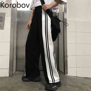 Korobov lente nieuwe vrouwen bf stijl harajuku broek vintage casual brede been broek hoge taille hit kleur patchwork broek 210430