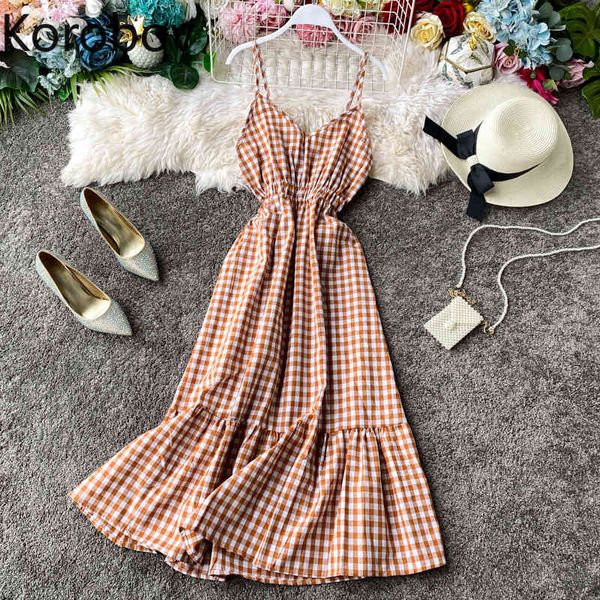 Korobov Summer Beach Style Boho Robe Coréenne Col V Spaghetti Strap Robes Vintage Plaid Élastiques Taille Haute Robes 210430