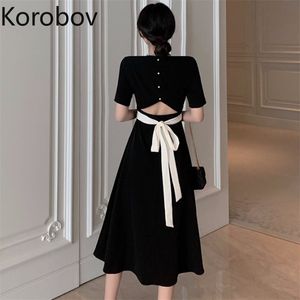 Korobov zomer nieuwe chique vetersluiting boog vrouwen jurk vintage elegante hoge taille zoete jurken korte mouw vestidos 2A650 210430