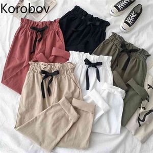 Korobov été nouveau Chic femmes pantalons Vintage volants taille haute élastiques sarouel laçage poches Joggers 210430