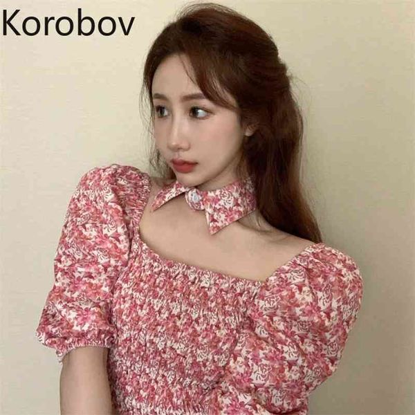 Korobov été nouvelle mousseline de soie femmes Blouses Vintage manches bouffantes douce femme chemises bureau dame col carré imprimer Blusas 210430