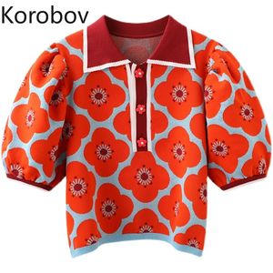 Korobov zomer nieuwe turn-down kraag bladerdeeg korte mouw gebreide truien Koreaanse bloem patroon knop hit kleur truien 210430