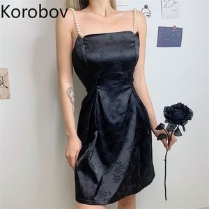 Korobov zomer sexy zwarte jurken vrouwen spaghetti riem hoge taille ruches jurk A-lijn elegante partij nacht vestidos femme 210430