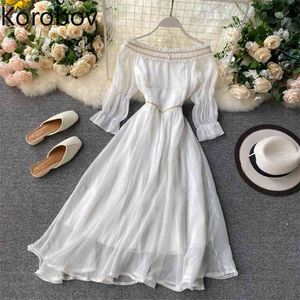 Korobov Sweet Chic White Women Dress New Arrival Slash Neck Vestidos de cintura alta Bohemian Beach Style A-Line Vestidos 210430