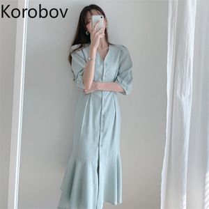 Korobov v-hals enkele borst ontwerp elegante jurk vrouwen korte mouw massief zeemeermin vestido zomer nieuwe hoge taille jurken 210430