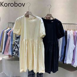 Korobov Vintage Fashion Puff Sleeve Vrouwen Jurk Koreaanse Chic O Neck Single Breasted Dames Dreses Solid A-lijn Sweet Vestidos 210430