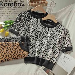 Korobov Vintage Leopard Dames Jumper Femme Koreaanse Korte Mouw Sweaters Herfst Winter Short Sexy Suiner Mujer 210430