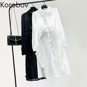 Korobov Vintage Solid Lange Mouw Damesjurk Koreaanse Streetwear Hoge Taille Jurken Zomer Ruffles Nieuwe Vestidos 210430
