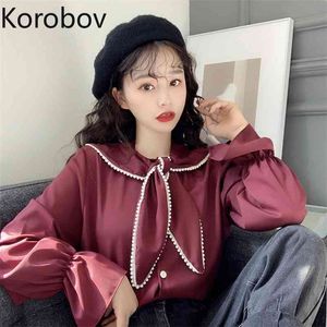 Korobov Vin Rouge Chemise En Mousseline De Soie Femme Conception Sens Niche Nouveau Col De Poupée À Manches Longues Lâche Doux Anti-Âge Top 210430