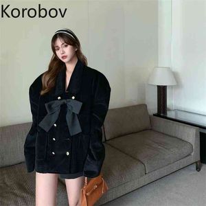 Korobov Winter Femmes Femmes Couilles coréennes à manches longues Streetwear solide mantes noirs Vestes de nœud de laçage élégant 210430 Vintage