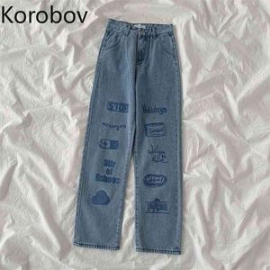 Korobov Dames Denim Broek Nieuwe Koreaanse Hoge Taille Jeans voor Dames Harajuku Print Streetwear Vrouwelijke Broek 210430