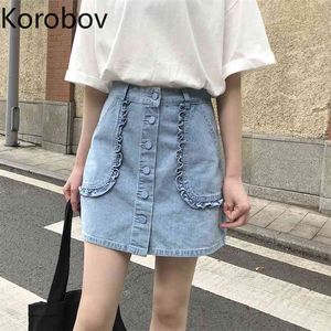 Korobov Femmes Denim Jupes Taille Haute A-Line Faldas Mujer Preppy Style Coréen Chic Poches Volants Jupe Simple Boutonnage 210430