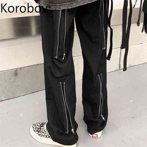 KOROBOV Vrouwen Oversize Lange Broek Streetwear Fake Zipper Patchwork Harajuku Vrouwelijke Broek High Street Cross Broek 79453 210430