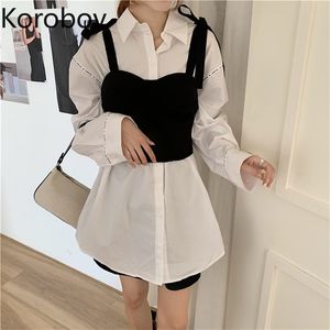 Korobov Dames Witte shirts en gebreide tanktop 2 stuks sets Koreaanse hit kleur elegante kantoor dame twee stukken outfits 210430