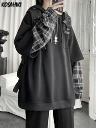 KOSAHIKI Nep Twee Stukken Hoodies Vrouwen Mannen Oversized Plaid Mouw Patchwork Hoody Sweatshirts Harajuku Sudaderas Grunge Moletom 231225