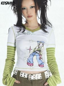 KOSAHIKI Fake Two Pieces Patch Long Sleeve Tshirts Women Harajuku Graphic Tee Y2k Tops Aesthetic Egirl Summer Thin T shirt Goth 220714