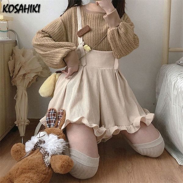 Kosahiki japonés kawaii correa pantalones cortos mujeres pana volante sólido corto lindo lolita monos tareas para mujer 220427