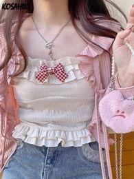 Kosahiki Kawaii Candy Color Crop Top Vrouwen Japanese lolita Sweet Tank Boe Ruffle Short T -shirt All Match Cute S Summer 240506