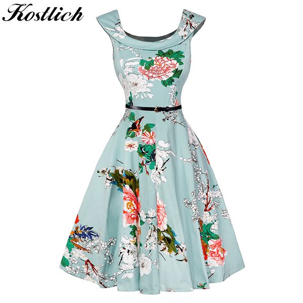 Kostlich estampado floral de las mujeres vestido de verano Hepburn 50s 60 s vestido de la vendimia de las mujeres 2018 una línea de vestidos de fiesta con cinturón vestido de mujer D1891301