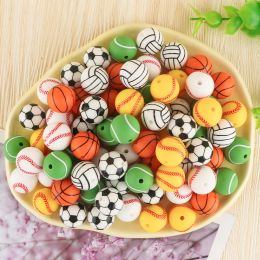 KOVICT 10PCS / LOT 15 mm Soccer imprimé Baseball Tennis Forme de basket-ball Silicone Perles de bijoux Diy Bracelets Collier Bracelets