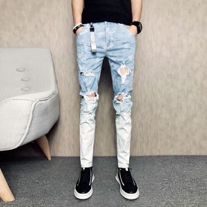 Kowaunkeenly 2018 nouvelle arrivée Jeans Slim Denim imprimés pour hommes, pantalon crayon jeans couleur contraste trou Fashion, taille 28-34.