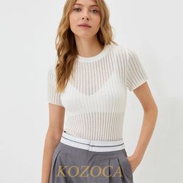 Kozoca 100% laine chic blanc élégant rayé voir à travers les femmes tops tenues t-shirts à manches courtes t-shirts