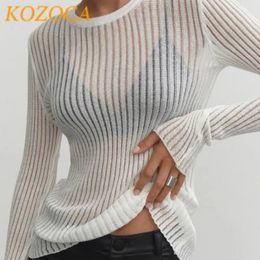 Kozoca mode blanc élégant rayé voir à travers haut pour femme tenues à manches longues t-shirts t-shirts maigre Club vêtements de fête 240124