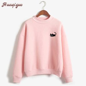 KPOP Autumn Casual Harajuku Kawaii Zwart Cat Sweatshirts vrouwen lange mouw Turtleneck tops pullover grappige cartoon print hoodies y0820