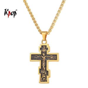 Kpop Kruis Ketting Orthodoxe Kerk Christelijke Sieraden StainlSteel Goud Kleur INRI Crucifix Cross Hanger Ketting Mannen P3240 X0707