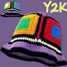 KPOP Y2K Damesemmer Handmade Haakhaak kleurrijke schattige regenboog gestreepte holle gebreide visser mode emmer bananenhoed 240430