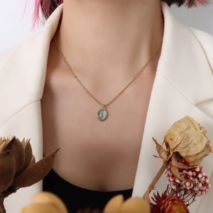 Kpop14k – collier en or jaune pour femmes, pendentif en pierre de lune transparente, Ellipse, chaîne fine, bijoux Vintage, cadeau, nouveauté