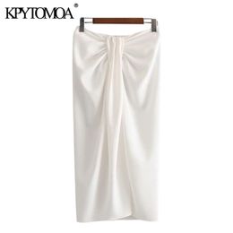 KPYTOMOA Femmes 2020 Chic Mode Bureau Porter Noué Wrap Midi Jupe Vintage Taille Haute Retour Zipper Fente Femme Jupes Mujer LJ200820