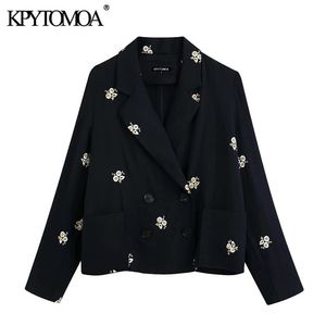 Kpytomoa dames 2020 mode dubbele borsten bloemen borduurwerk blazer jas vintage zakken met lange mouwen vrouwelijke bovenkleding chic tops lj201021
