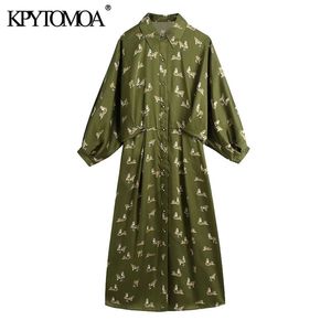 Kpytomoa Women 2021 Chic Fashion Animal Print Midi Shirt Dress Vintage Lantern Sleeve Button Up vrouwelijke jurken Vestidos Mujer 210319