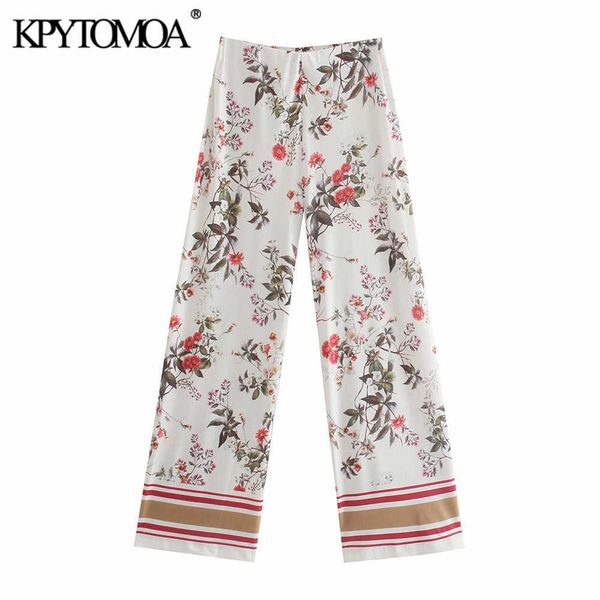 KPYTOMOA Mujeres 2021 Moda Estampado floral Cómodo Pantalones de pierna ancha Vintage Alto Elástico Cintura Mujer Tobillo Pantalones Mujer Q0801