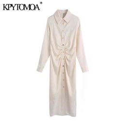 Kpytomoa Vrouwen 2021 Mode Zachte Touch Geplooid Midi Shirt Jurk Vintage Lange Mouwen Button-Up Vrouwelijke Jurken Vestidos Mujer G1214