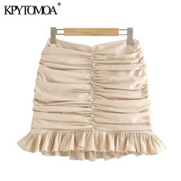 KPYTOMOA Femmes Chic Mode Appliques À Volants Plissé Mini Jupe Vintage Taille Haute Fermeture À Glissière Femelle Jupes Mujer 210619