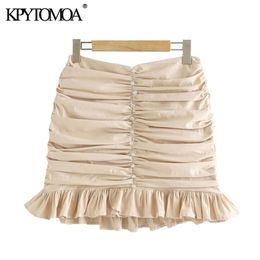 Kpytomoa dames chique mode -appliques gegooid geplooide mini rok vintage hoge taille rug zipper vrouwelijke rokken mujer 210331